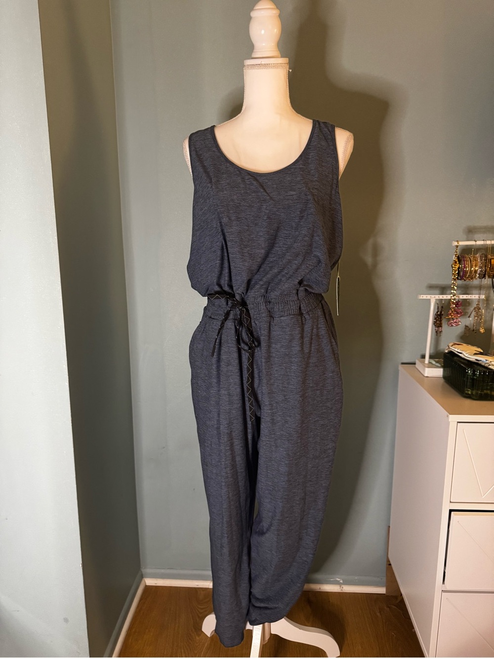 Wander Heathered Blue Sybelle Racer ack Drawstring Jumpsuit